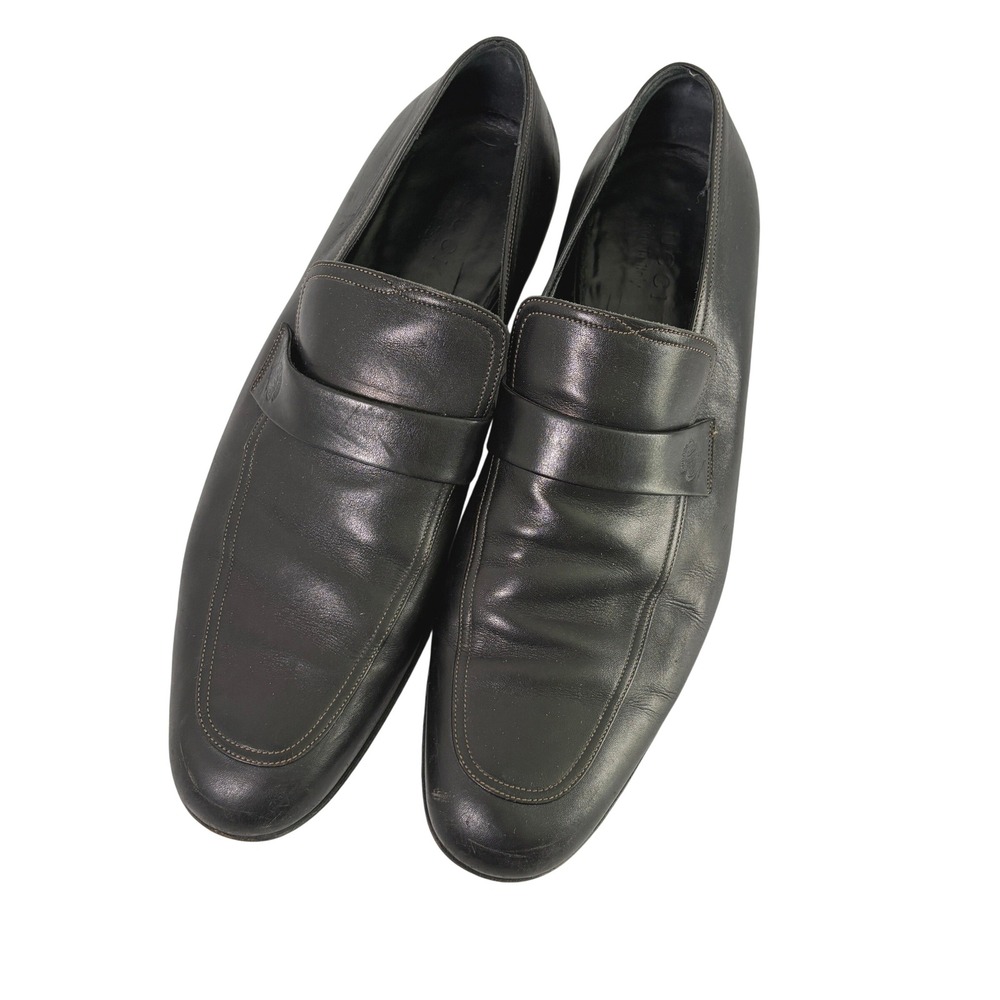 Gucci Loafers Mens 9.5 E Black Leather Crest Embossed Slip On Italy Dress Shoes
